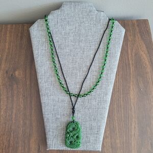 Elegant Green Carved Dragon Pendant Necklace Set of 2, Green Beaded Necklace